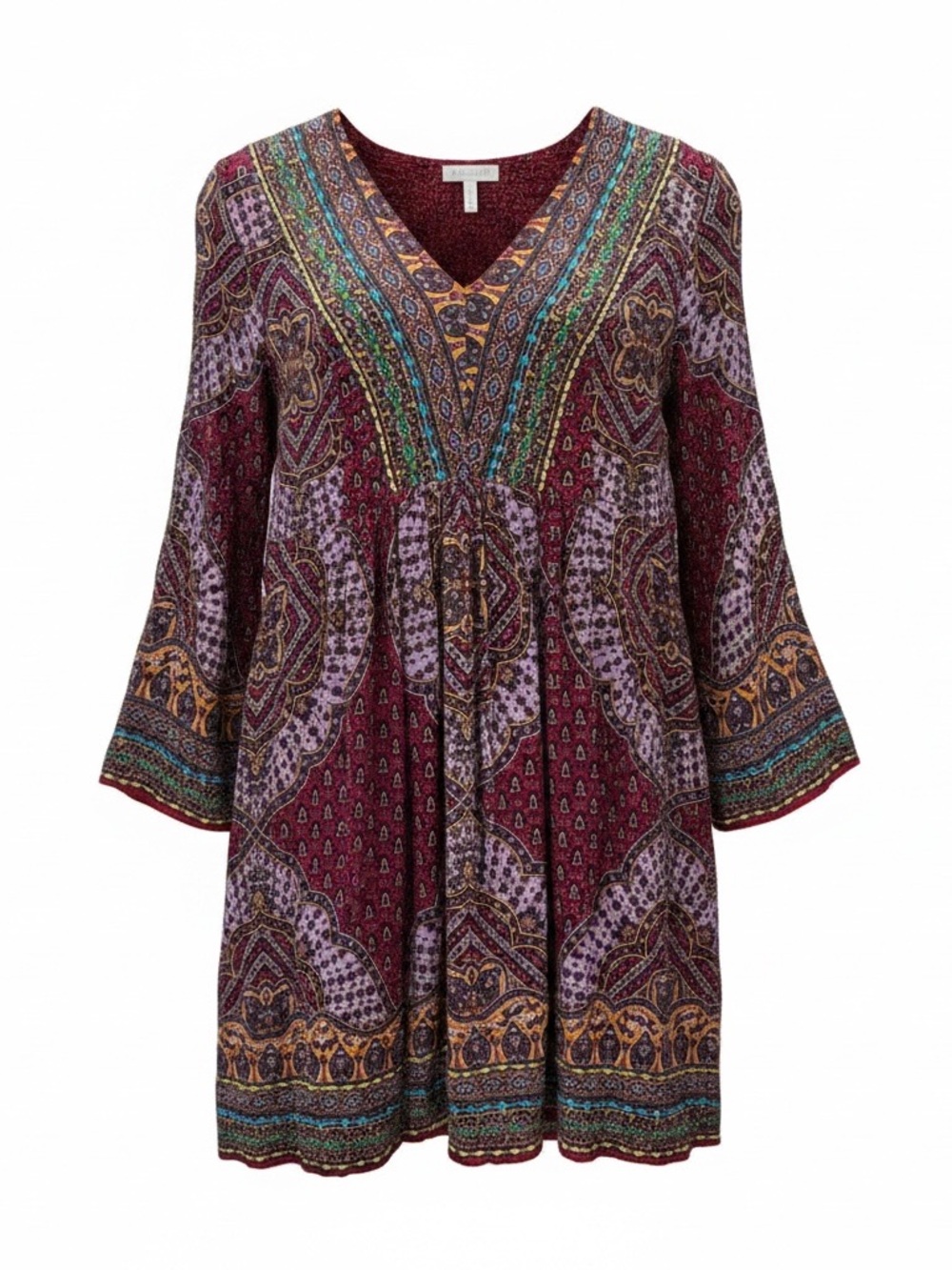 Anthropologie Indie Boho Burgundy, Purple and Teal Paisley V-Neck Mini Dress - M
